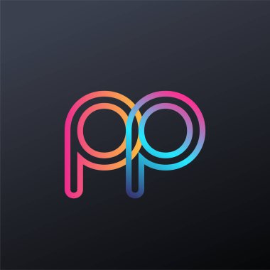 İlk logo PP küçük harf, renkli mavi, turuncu ve pembe, birbirine bağlı yuvarlak logo, modern ve basit logo tasarımı.