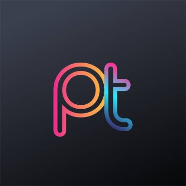 İlk logo PT küçük harf, renkli mavi, turuncu ve pembe, bağlı yuvarlak logo, modern ve basit logo tasarımı.