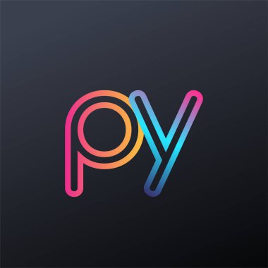 İlk logo PY küçük harf, renkli mavi, turuncu ve pembe, bağlı yuvarlak logo, modern ve basit logo tasarımı.
