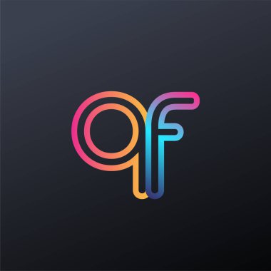 İlk logo QF küçük harf, renkli mavi, turuncu ve pembe, bağlı yuvarlak logo, modern ve basit logo tasarımı.