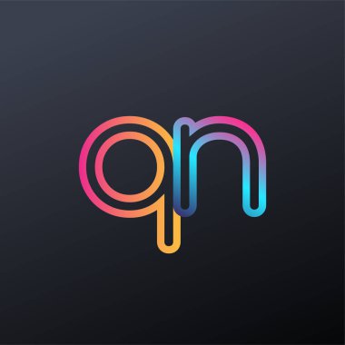 İlk logo QN küçük harf, renkli mavi, turuncu ve pembe, bağlı yuvarlak logo, modern ve basit logo tasarımı.