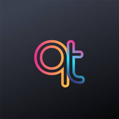 İlk logo QT küçük harf, renkli mavi, turuncu ve pembe, bağlı yuvarlak logo, modern ve basit logo tasarımı.