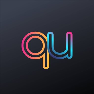 İlk logo QU küçük harf, renkli mavi, turuncu ve pembe, bağlı yuvarlak logo, modern ve basit logo tasarımı.