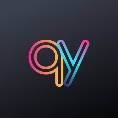 İlk logo QY küçük harf, renkli mavi, turuncu ve pembe, bağlı yuvarlak logo, modern ve basit logo tasarımı.