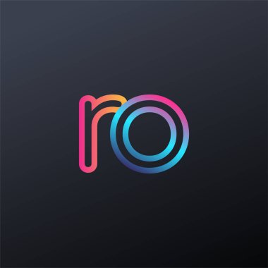 İlk logo RO küçük harf, renkli mavi, turuncu ve pembe, bağlı yuvarlak logo, modern ve basit logo tasarımı.