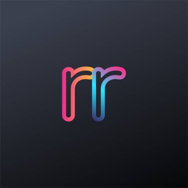 İlk logo RR küçük harf, renkli mavi, turuncu ve pembe, bağlı yuvarlak logo, modern ve basit logo tasarımı.