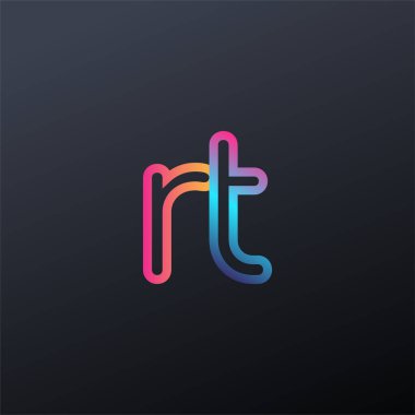 İlk logo RT küçük harf, renkli mavi, turuncu ve pembe, bağlı yuvarlak logo, modern ve basit logo tasarımı.