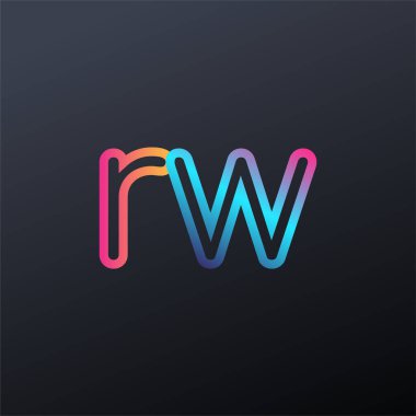 İlk logo RW küçük harf, renkli mavi, turuncu ve pembe, birbirine bağlı yuvarlak logo, modern ve basit logo tasarımı.