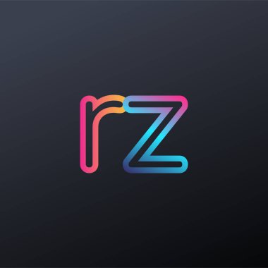 İlk logo RZ küçük harf, renkli mavi, turuncu ve pembe, bağlı yuvarlak logo, modern ve basit logo tasarımı.