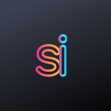 İlk amblem SI küçük harf, renkli mavi, turuncu ve pembe, birbirine bağlı yuvarlak logo, modern ve basit logo tasarımı.