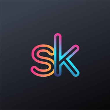 İlk logo SK küçük harf, renkli mavi, turuncu ve pembe, bağlı yuvarlak logo, modern ve basit logo tasarımı.
