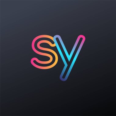 İlk logo SY küçük harf, renkli mavi, turuncu ve pembe, bağlı yuvarlak logo, modern ve basit logo tasarımı.