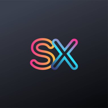 İlk logo SX küçük harf, renkli mavi, turuncu ve pembe, bağlı yuvarlak logo, modern ve basit logo tasarımı.