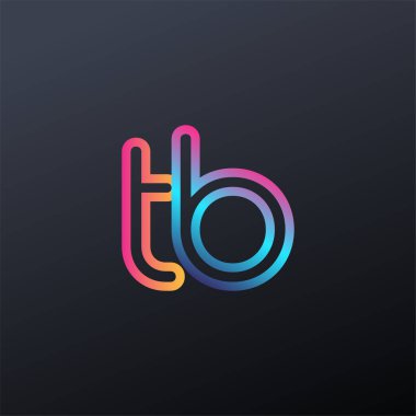 İlk logo TB küçük harf, renkli mavi, turuncu ve pembe, bağlı yuvarlak logo, modern ve basit logo tasarımı.
