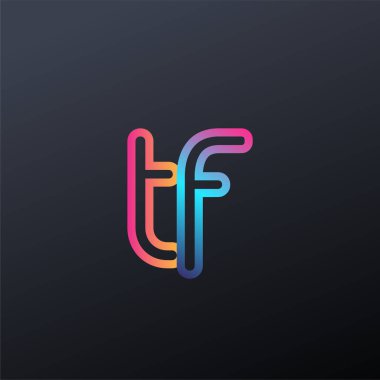 İlk logo TF küçük harf, renkli mavi, turuncu ve pembe, bağlı yuvarlak logo, modern ve basit logo tasarımı.