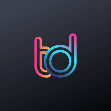 İlk logo TD küçük harf, renkli mavi, turuncu ve pembe, birbirine bağlı yuvarlak logo, modern ve basit logo tasarımı.