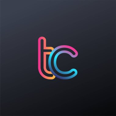 İlk logo TC küçük harf, renkli mavi, turuncu ve pembe, bağlı yuvarlak logo, modern ve basit logo tasarımı.