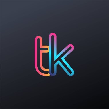 İlk logo TK küçük harf, renkli mavi, turuncu ve pembe, birbirine bağlı yuvarlak logo, modern ve basit logo tasarımı.