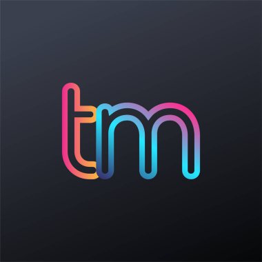 İlk logo TM küçük harf, renkli mavi, turuncu ve pembe, bağlı yuvarlak logo, modern ve basit logo tasarımı.