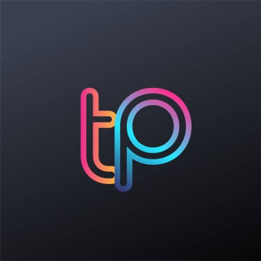 İlk logo TP küçük harf, renkli mavi, turuncu ve pembe, bağlı yuvarlak logo, modern ve basit logo tasarımı.