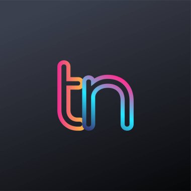 İlk logo TN küçük harf, renkli mavi, turuncu ve pembe, bağlı yuvarlak logo, modern ve basit logo tasarımı.