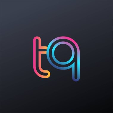 İlk logo TQ küçük harf, renkli mavi, turuncu ve pembe, bağlı yuvarlak logo, modern ve basit logo tasarımı.