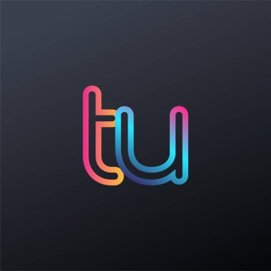 İlk logo TU küçük harf, renkli mavi, turuncu ve pembe, bağlı yuvarlak logo, modern ve basit logo tasarımı.
