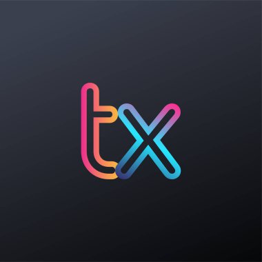 İlk logo TX küçük harf, renkli mavi, turuncu ve pembe, bağlı yuvarlak logo, modern ve basit logo tasarımı.