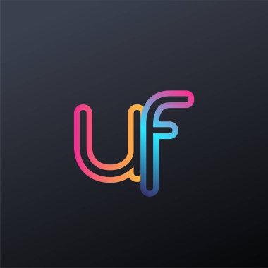 İlk logo UF küçük harf, renkli mavi, turuncu ve pembe, bağlı yuvarlak logo, modern ve basit logo tasarımı.