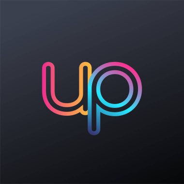 İlk logo UP küçük harf, renkli mavi, turuncu ve pembe, bağlı yuvarlak logo, modern ve basit logo tasarımı.