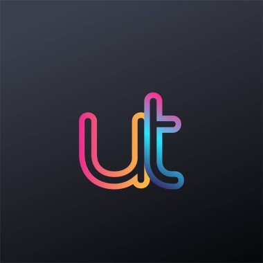 İlk logo UT küçük harf, renkli mavi, turuncu ve pembe, birbirine bağlı yuvarlak logo, modern ve basit logo tasarımı.