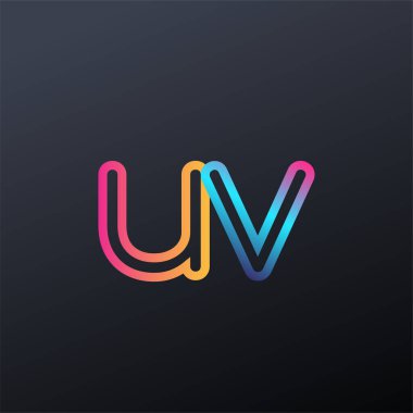 İlk logo UV küçük harf, renkli mavi, turuncu ve pembe, birbirine bağlı yuvarlak logo, modern ve basit logo tasarımı.
