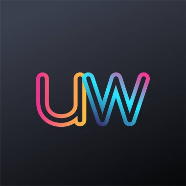 İlk logo UW küçük harf, renkli mavi, turuncu ve pembe, bağlı yuvarlak logo, modern ve basit logo tasarımı.