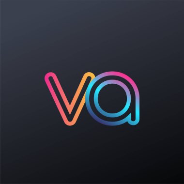 İlk logo VA küçük harf, renkli mavi, turuncu ve pembe, bağlı yuvarlak logo, modern ve basit logo tasarımı.