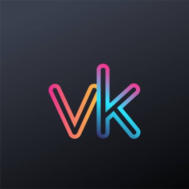 İlk logo VK küçük harf, renkli mavi, turuncu ve pembe, birbirine bağlı yuvarlak logo, modern ve basit logo tasarımı.