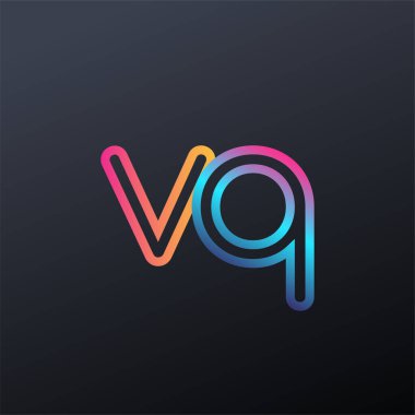 İlk logo VQ küçük harf, renkli mavi, turuncu ve pembe, bağlı yuvarlak logo, modern ve basit logo tasarımı.