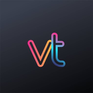 İlk logo VT küçük harf, renkli mavi, turuncu ve pembe, birbirine bağlı yuvarlak logo, modern ve basit logo tasarımı.