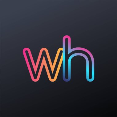 İlk logo WH küçük harf, renkli mavi, turuncu ve pembe, bağlı yuvarlak logo, modern ve basit logo tasarımı.