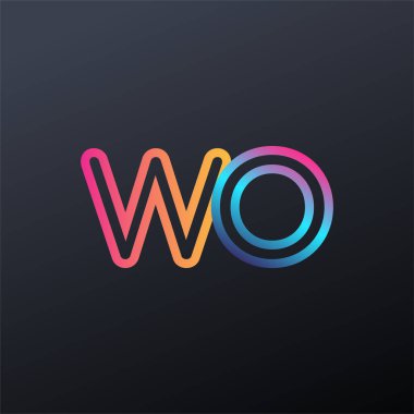 İlk logo WO küçük harf, renkli mavi, turuncu ve pembe, bağlı yuvarlak logo, modern ve basit logo tasarımı.