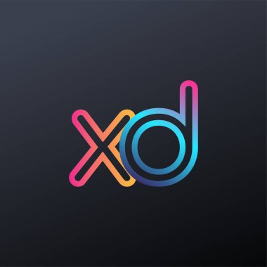 İlk logo XD küçük harf, renkli mavi, turuncu ve pembe, birbirine bağlı yuvarlak logo, modern ve basit logo tasarımı.