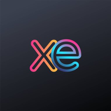 İlk logo XE küçük harf, renkli mavi, turuncu ve pembe, bağlı yuvarlak logo, modern ve basit logo tasarımı.