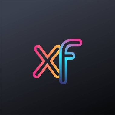 İlk logo XF küçük harf, renkli mavi, turuncu ve pembe, bağlı yuvarlak logo, modern ve basit logo tasarımı.