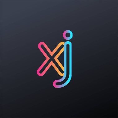 İlk logo XJ küçük harf, renkli mavi, turuncu ve pembe, bağlı yuvarlak logo, modern ve basit logo tasarımı.