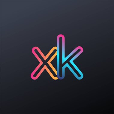 İlk logo XK küçük harf, renkli mavi, turuncu ve pembe, bağlı yuvarlak logo, modern ve basit logo tasarımı.