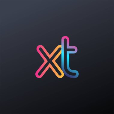 İlk logo XT küçük harf, renkli mavi, turuncu ve pembe, bağlı yuvarlak logo, modern ve basit logo tasarımı.