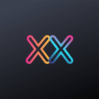 İlk logo XX küçük harf, renkli mavi, turuncu ve pembe, bağlı yuvarlak logo, modern ve basit logo tasarımı.