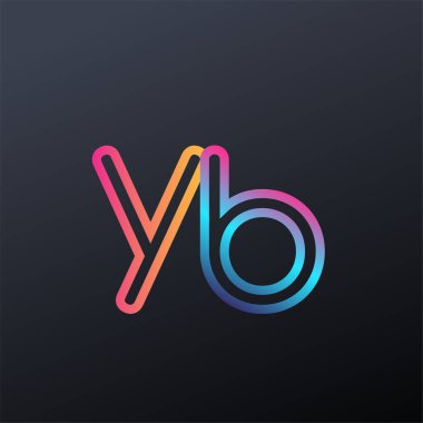 İlk logo YB küçük harf, renkli mavi, turuncu ve pembe, birbirine bağlı yuvarlak logo, modern ve basit logo tasarımı.