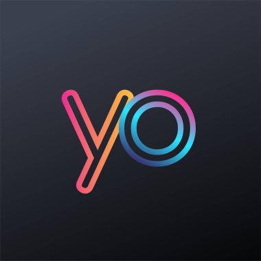 İlk logo YO küçük harf, renkli mavi, turuncu ve pembe, birbirine bağlı yuvarlak logo, modern ve basit logo tasarımı.