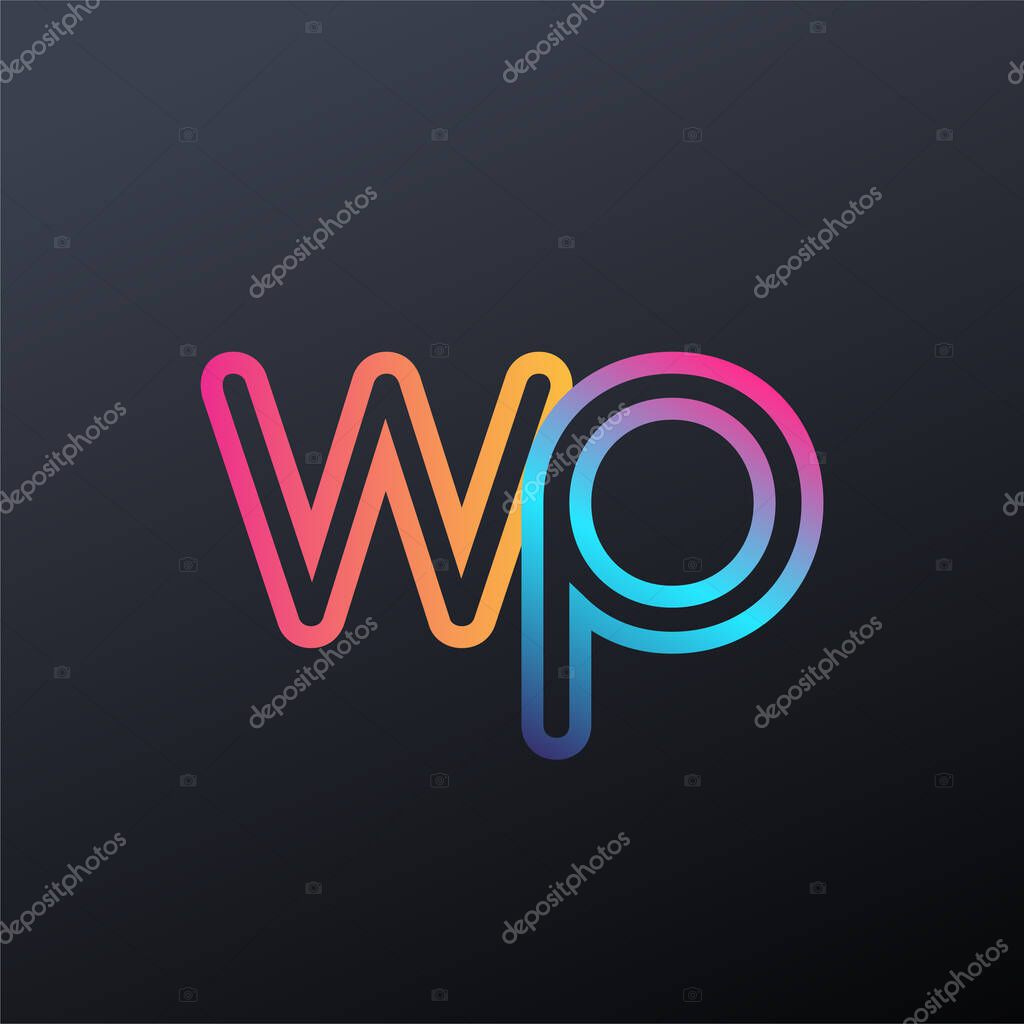 Initial logo WP lowercase letter, colorful blue, orange and pink, linked outline rounded logo, modern and simple logo design.