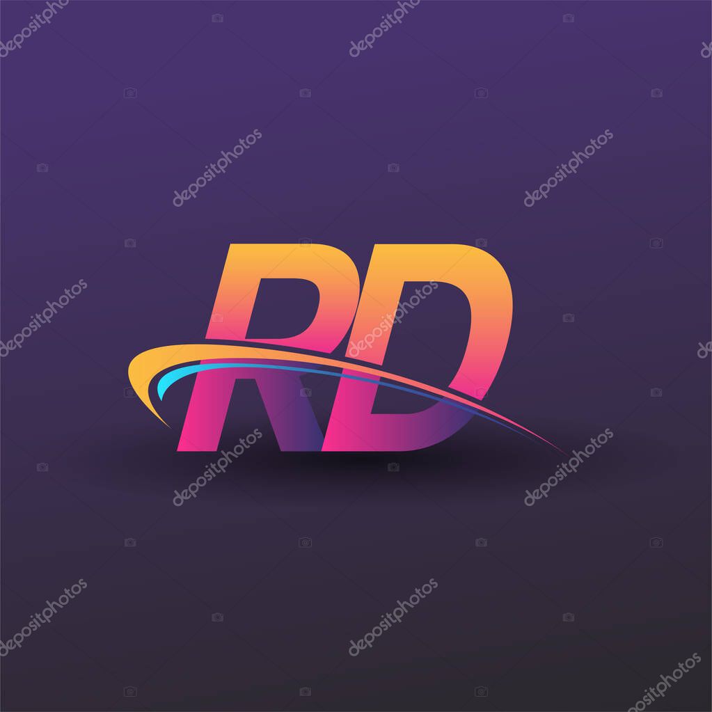 Initial letter RD logotype company name colored blue, yellow and magenta swoosh design. vector logo for business and company identity.